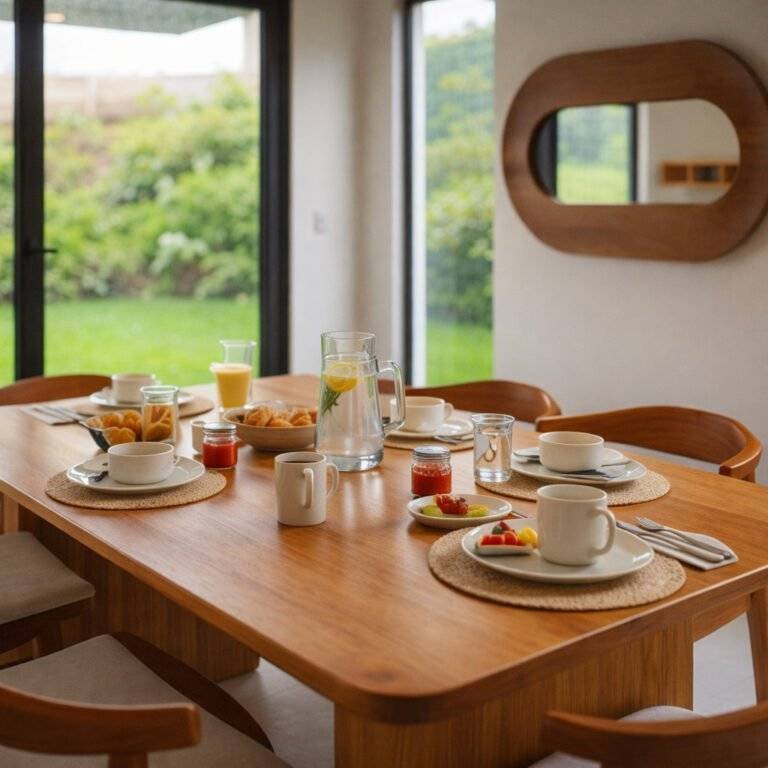 Mesa de comedor con desayuno servido y vista a jardines en 385 Francosta, Barreal de Heredia