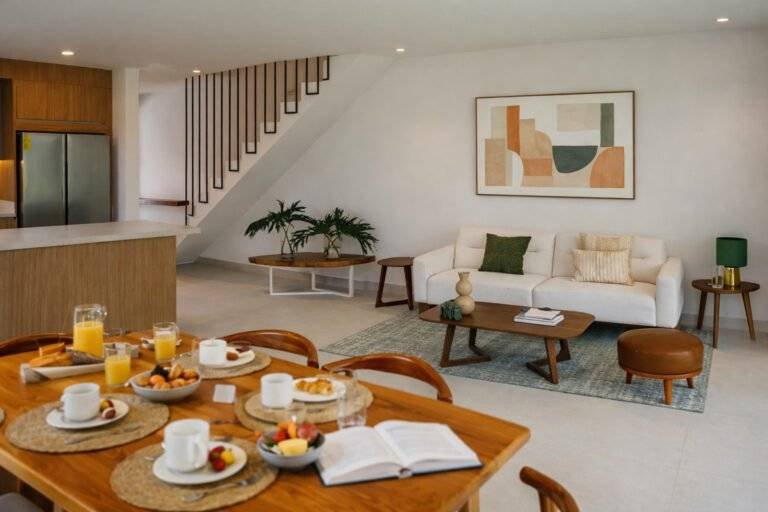 Área social de concepto abierto con comedor, sala y escaleras en 385 Francosta, Barreal de Heredia