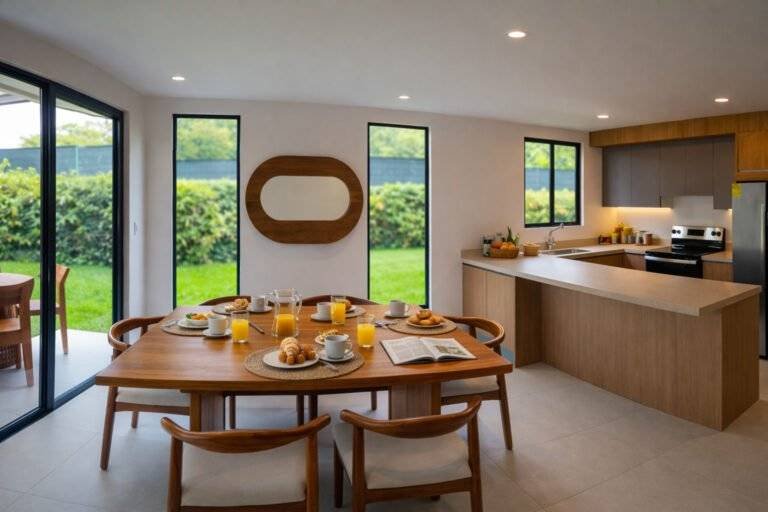 Comedor y cocina moderna con mesa servida y vista al jardín en 385 Francosta, Barreal de Heredia