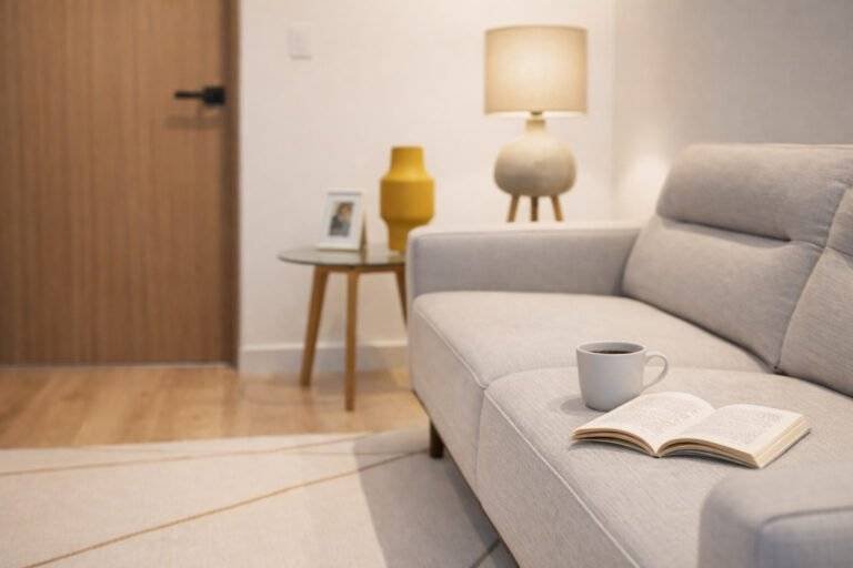 Detalle de sala con sofá, taza de café y libro en 385 Francosta, Barreal de Heredia