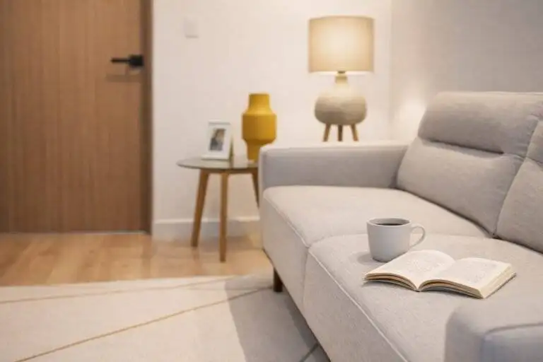 Detalle de sala con sofá, taza de café y libro en 385 Francosta, Barreal de Heredia