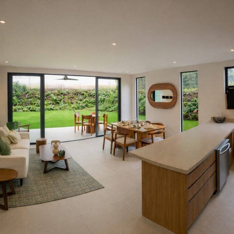 Cocina con isla y comedor integrados con vista al jardín en 385 Francosta, Barreal de Heredia