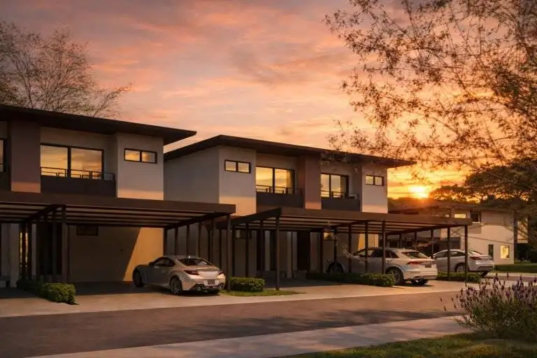 Fachada moderna con cocheras en 385 Francosta, Barreal de Heredia, al atardecer