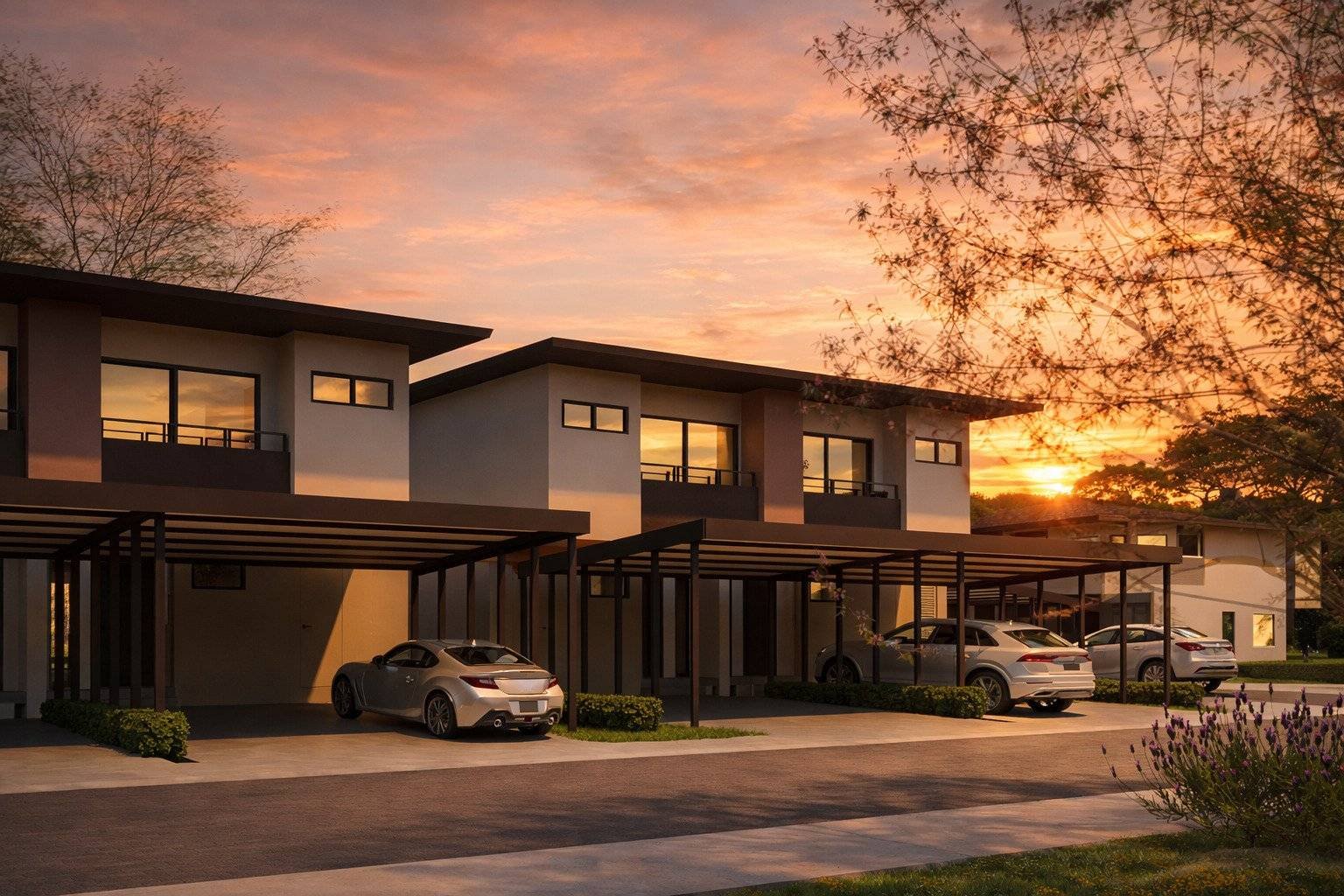 Fachada moderna con cocheras en 385 Francosta, Barreal de Heredia, al atardecer