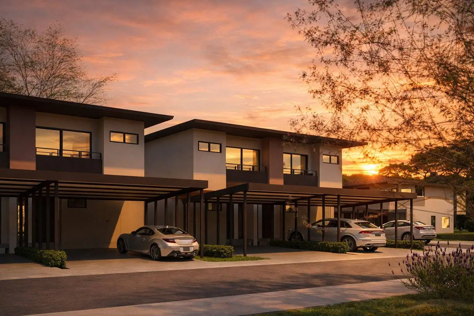 Fachada moderna con cocheras en 385 Francosta, Barreal de Heredia, al atardecer