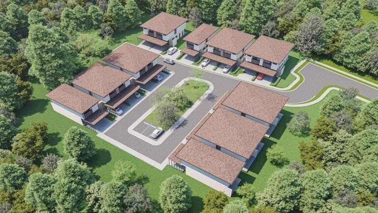 Vista aérea del condominio 385 Francosta con distribución de casas y áreas verdes en Barreal de Heredia