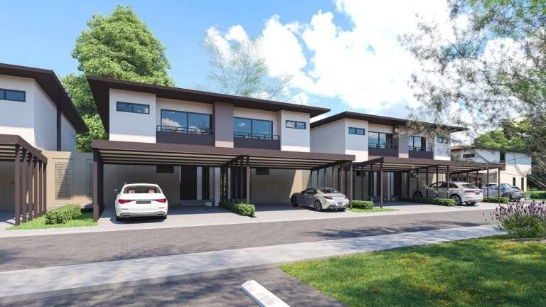 Fachadas contemporáneas con cocheras techadas en 385 Francosta, Barreal de Heredia