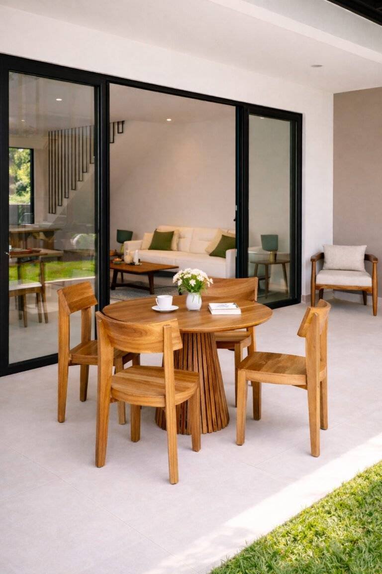 Terraza con mesa redonda y puertas corredizas hacia sala en 385 Francosta, Barreal de Heredia