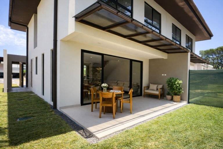 Terraza techada con comedor exterior y puertas corredizas hacia la sala, en 385 Francosta, Barreal de Heredia.